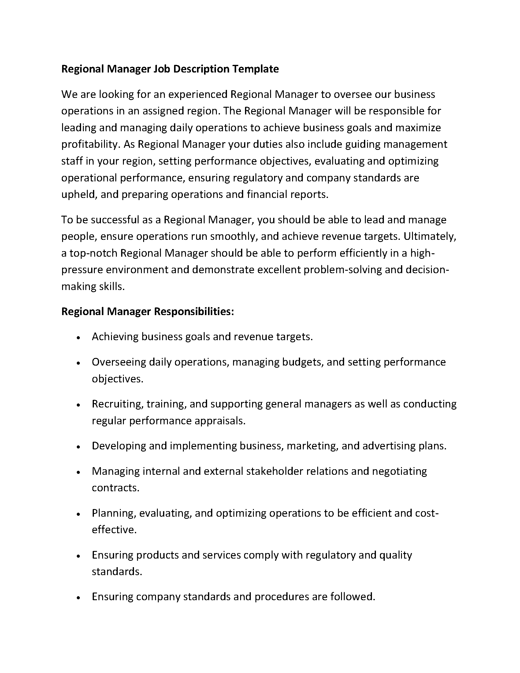 Regional Manager Job Description Template